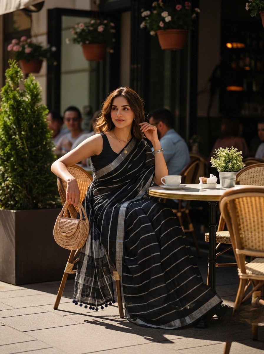 Line Item - Black Striped Pure Handloom Linen Saree with Zari Border