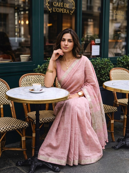 Poise - Pink Pure Handloom Linen Saree with Zari border