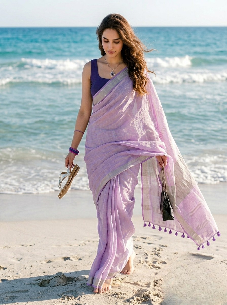 Calm - Lavender Purple Pure Handloom Linen Saree with Zari Border