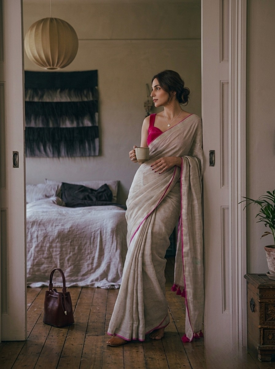 The Go to - Ivory Pure Handloom Linen Saree with Zari Border