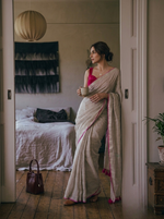The Go to - Ivory Pure Handloom Linen Saree with Zari Border