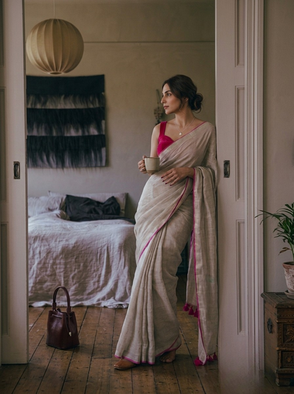 The Go to - Ivory Pure Handloom Linen Saree with Zari Border