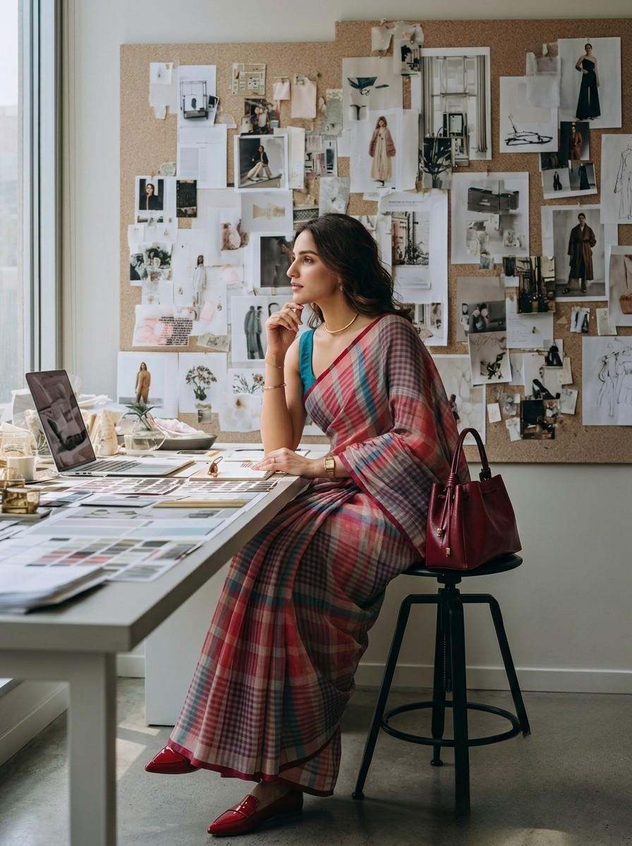 Corner Office - Multicolour Checked Pure Handloom Linen Saree