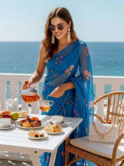 Azura - Royal Blue Floral Print Pure Chiffon Saree