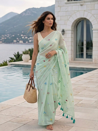 Gardenalia Mint - Embroidered Mulmul Cotton Saree