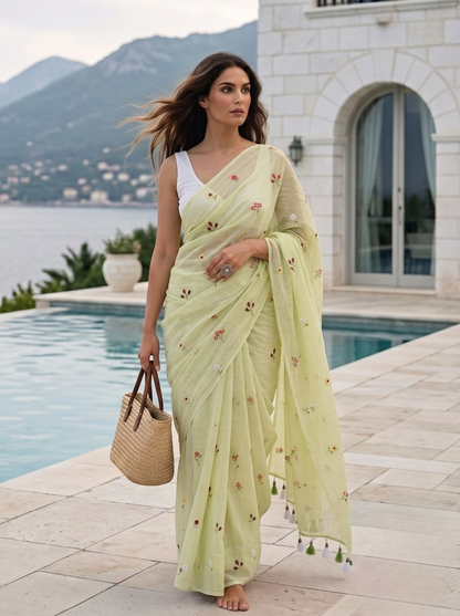 Gardenalia Pista - Embroidered Pure Mulmul Cotton Saree