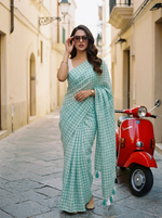 Cloudless Sky - Aqua Gingham Mulmul Cotton Saree