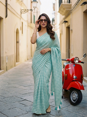 Cloudless Sky - Aqua Gingham Mulmul Cotton Saree