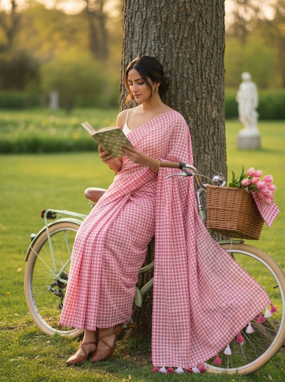 Blush Orchard - Soft Pink Gingham Mulmul Cotton Saree
