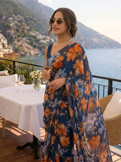 Florina - Navy Blue Floral Print Pure Chiffon Saree