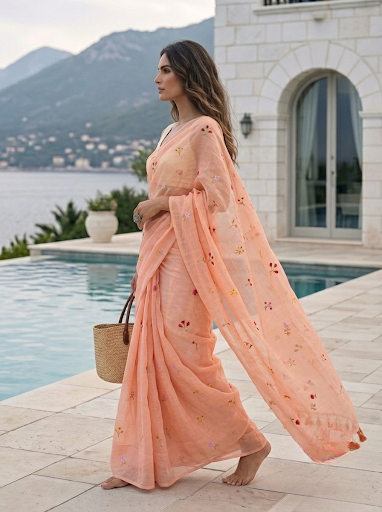 Gardenalia Peach - Embroidered Pure Mulmul Cotton Saree