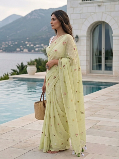 Gardenalia Pista - Embroidered Pure Mulmul Cotton Saree