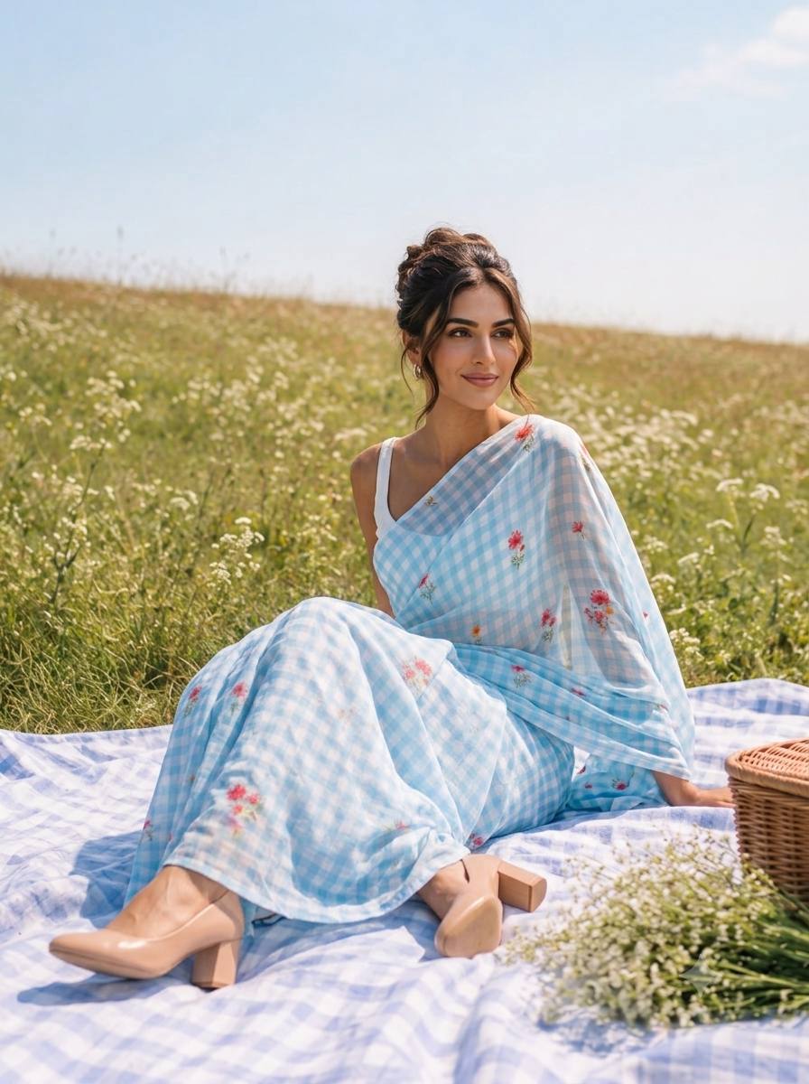 Slow Sunday - Powder Blue Gingham Print Pure Chiffon Partywear Saree