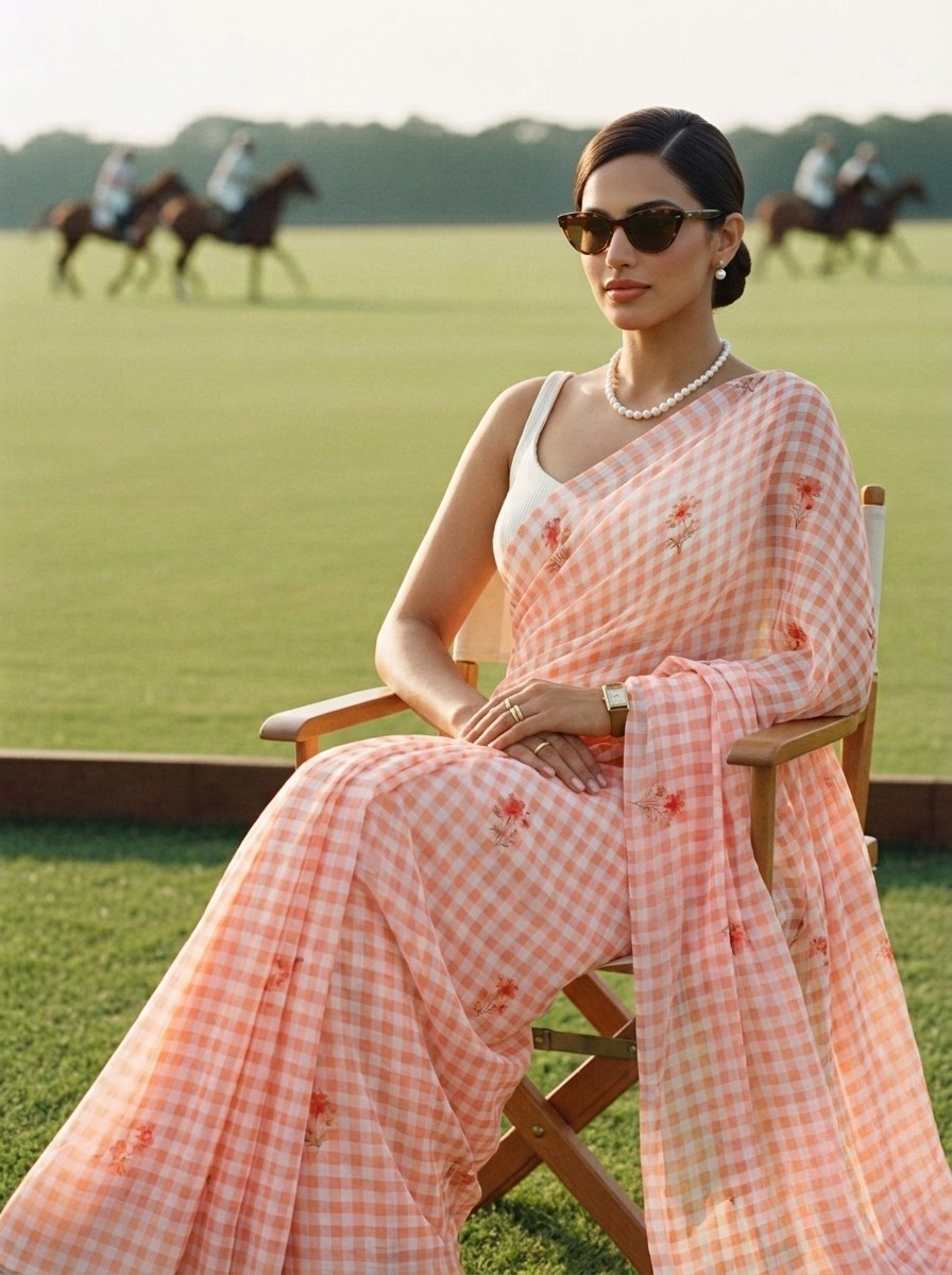Fresh Bloom - Peach Orange Gingham Print Pure Chiffon Partywear Saree