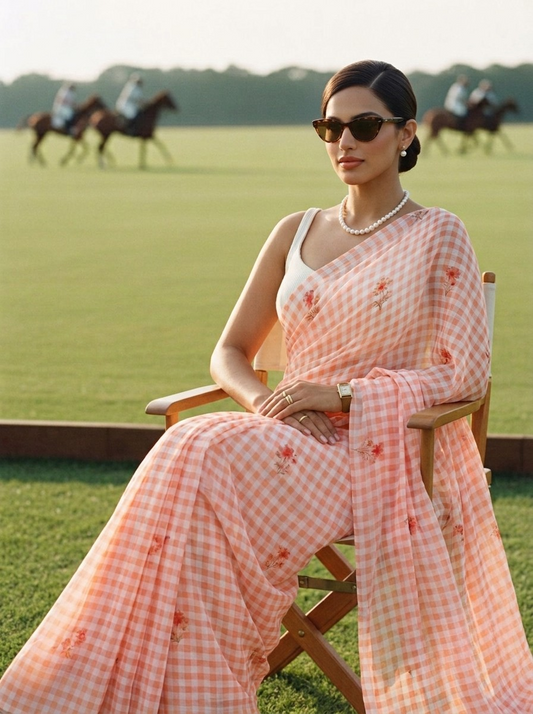 Fresh Bloom - Peach Orange Gingham Print Pure Chiffon Partywear Saree