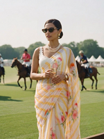 Eden - Yellow Gingham Print Pure Chiffon Partywear Saree