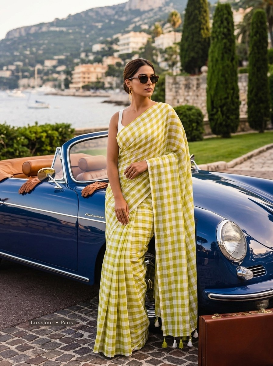 Citrine lime green gingham mulmul cotton saree from MAYIN India