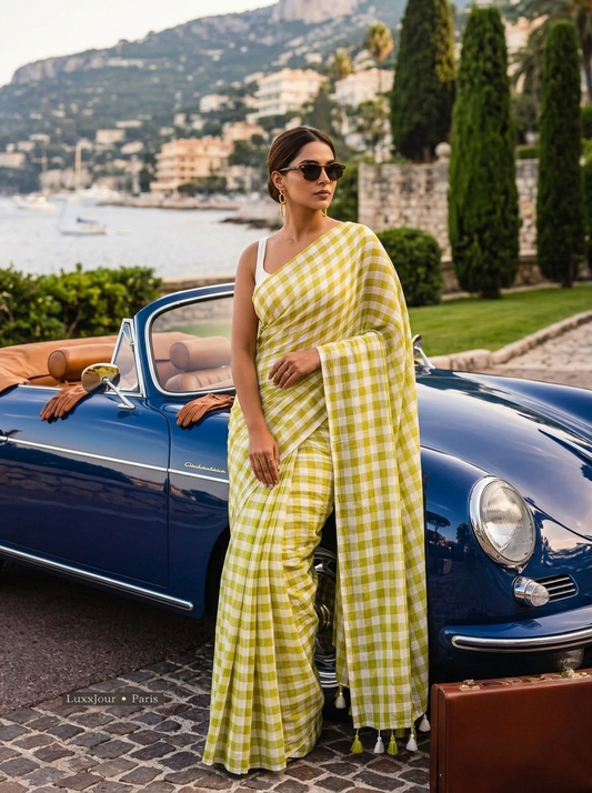 Citrine - Lime Green Gingham Mulmul Cotton Saree