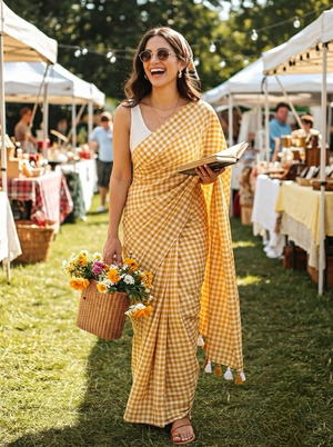 Harvest Sun - Mustard Yellow Gingham Mulmul Cotton Saree