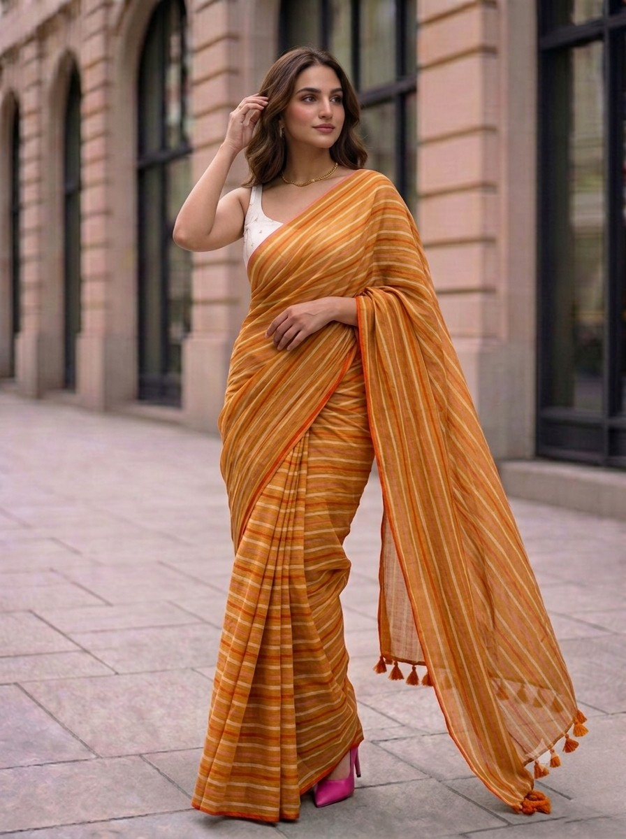 Outlook- Yellow Striped Mulmul Cotton Saree