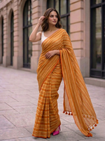 Outlook- Yellow Striped Mulmul Cotton Saree