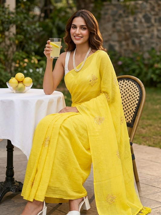 Marigold - Yellow Embroidered Mulmul Cotton Saree