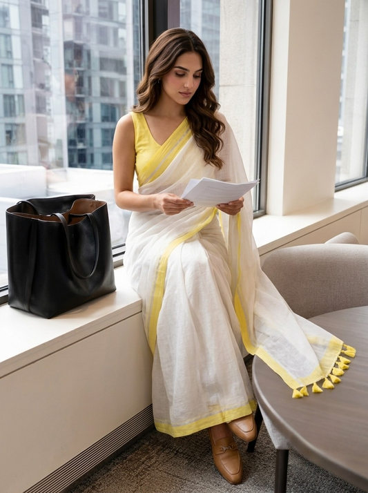 Bright Side - White Mulmul Cotton Saree With Yellow Border