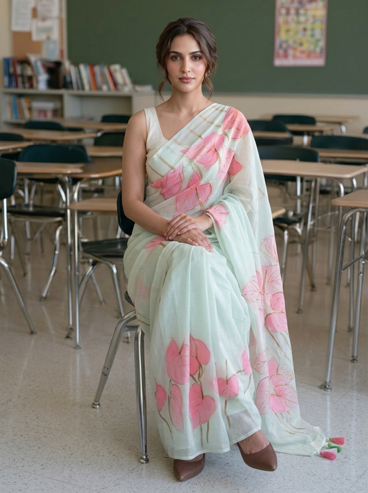 Anthuria - Mint Green Handpainted Mulmul Cotton Saree
