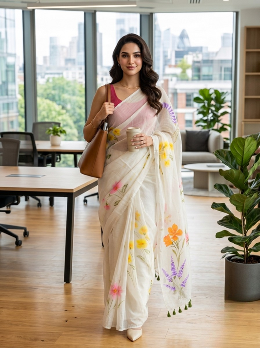 Cream Canvas - White Handpainted Mul Cotton Saree