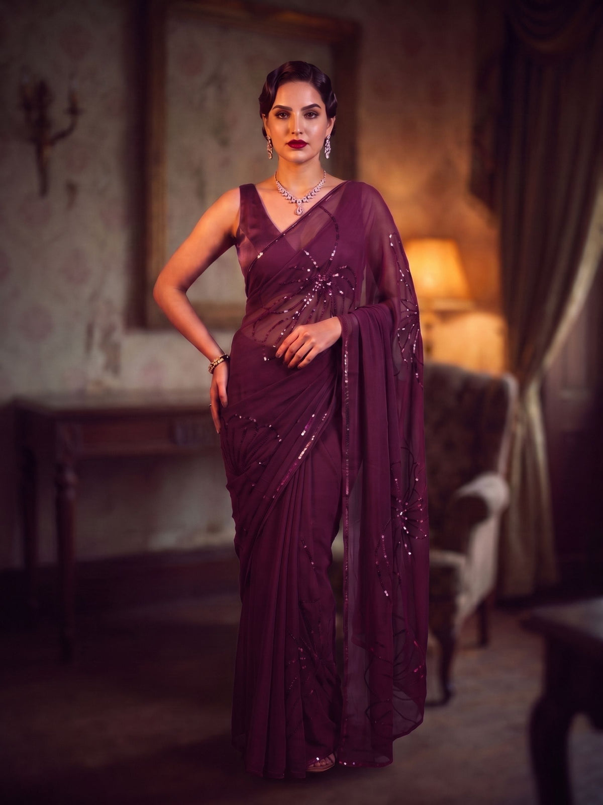 Starlet - Wine Sequin Pure Chiffon Partywear Saree