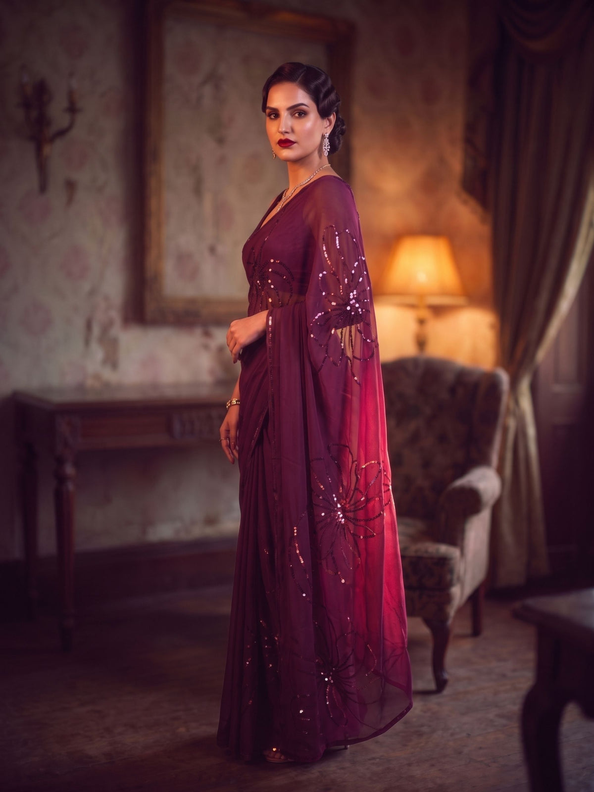 Starlet - Wine Sequin Pure Chiffon Partywear Saree