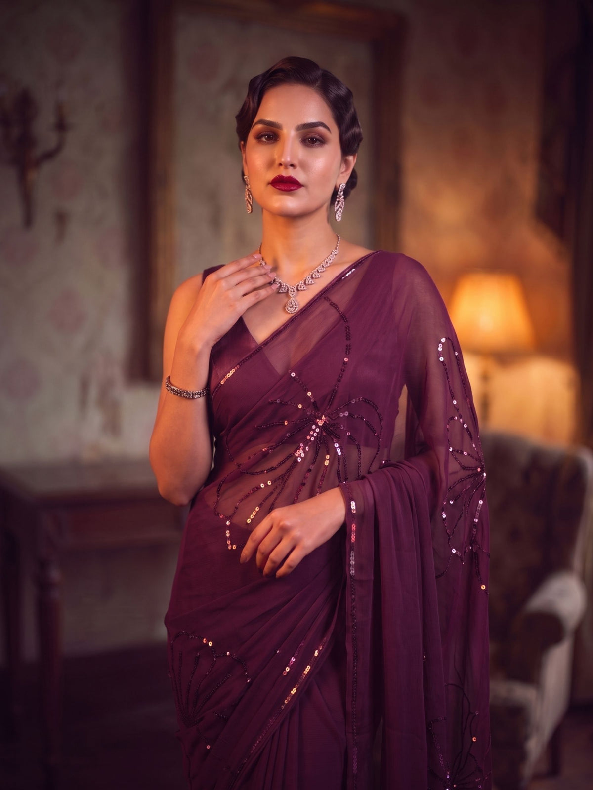 Starlet - Wine Sequin Pure Chiffon Partywear Saree