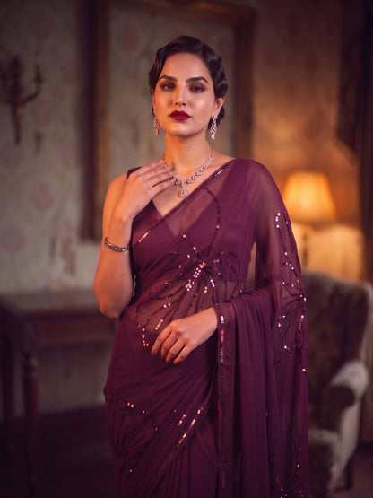 Starlet - Wine Sequin Pure Chiffon Partywear Saree
