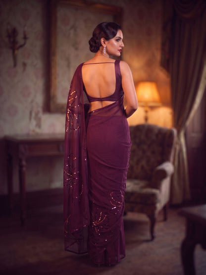Starlet - Wine Sequin Pure Chiffon Partywear Saree