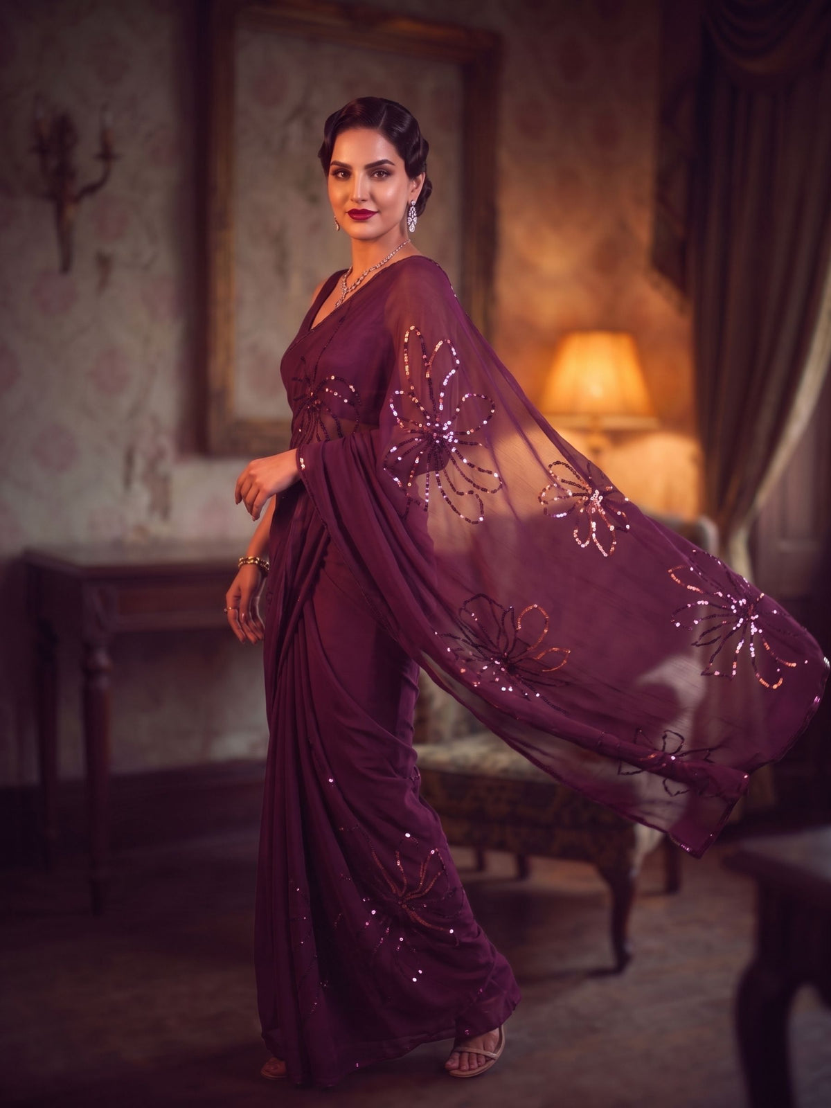 Starlet - Wine Sequin Pure Chiffon Partywear Saree