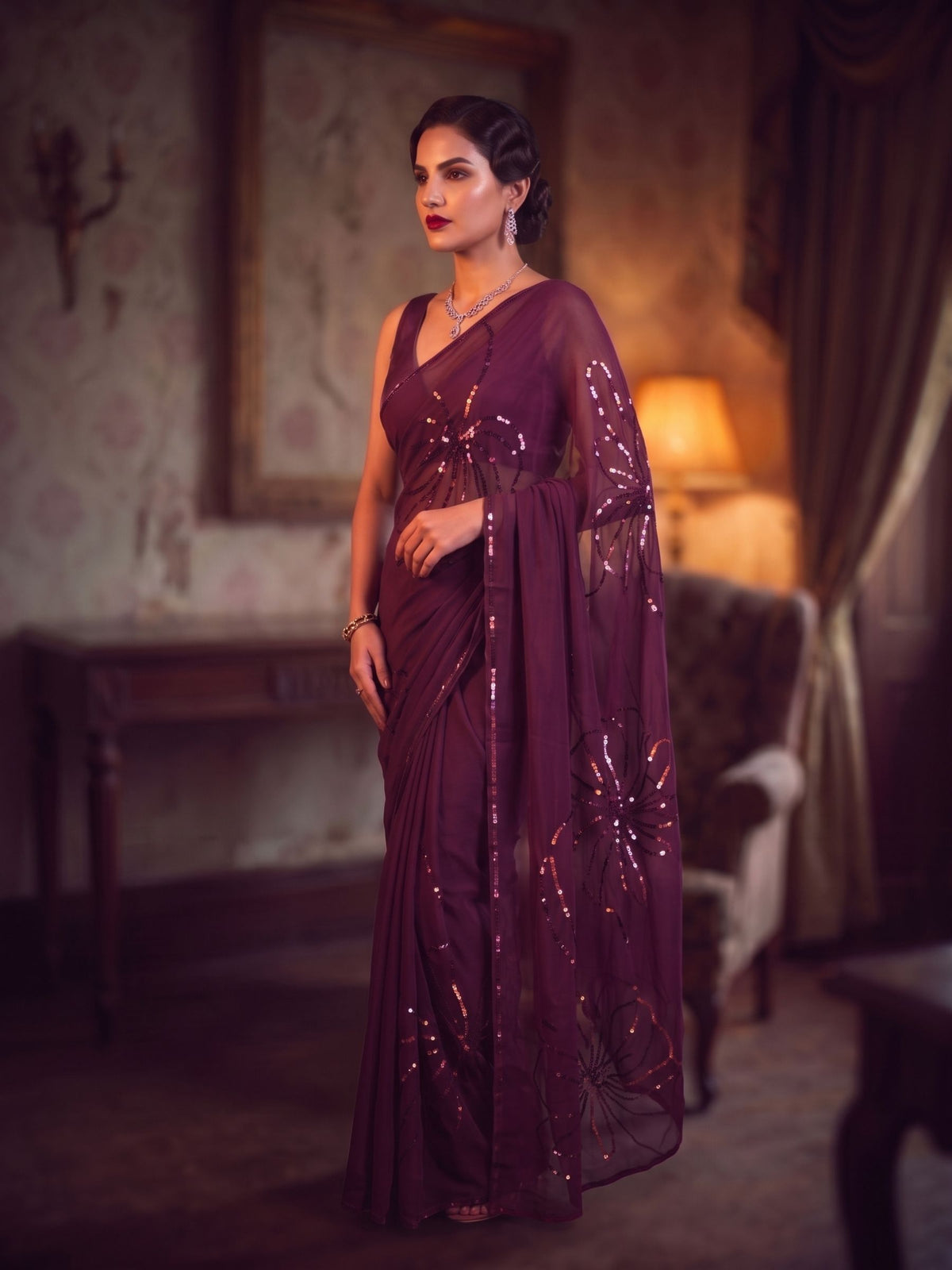 Starlet - Wine Sequin Pure Chiffon Partywear Saree