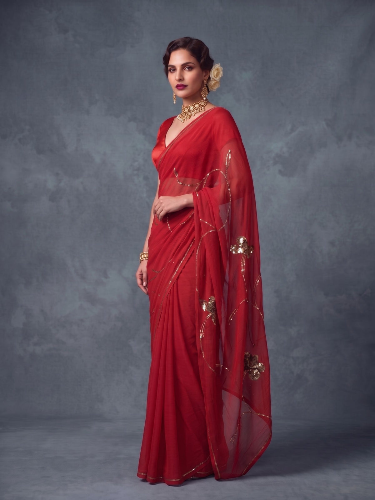 Ruby - Red Gold Sequin Pure Chiffon Partywear Saree