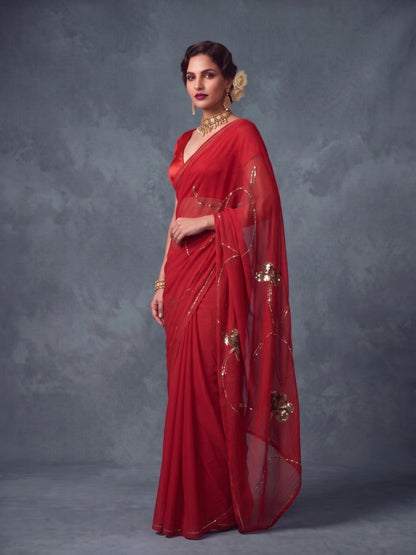 Ruby - Red Gold Sequin Pure Chiffon Partywear Saree