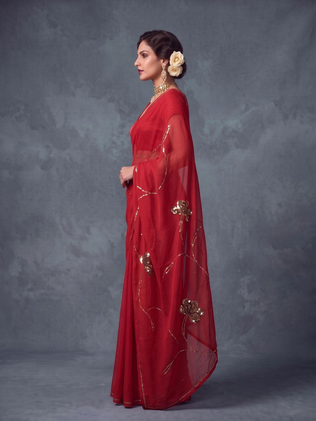 Ruby - Red Gold Sequin Pure Chiffon Partywear Saree