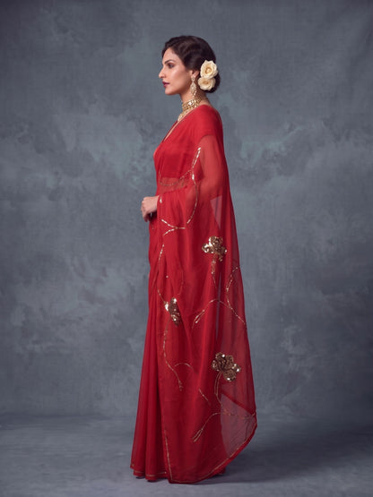 Ruby - Red Gold Sequin Pure Chiffon Partywear Saree