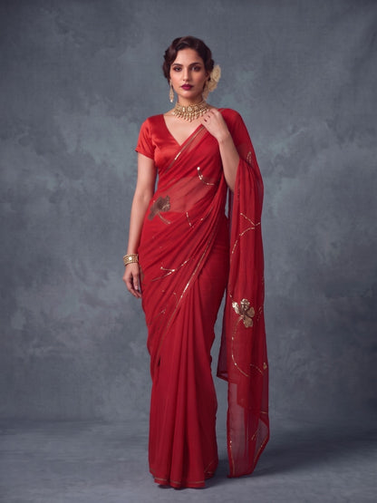 Ruby - Red Gold Sequin Pure Chiffon Partywear Saree