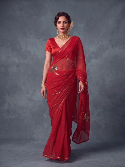 Ruby - Red Gold Sequin Pure Chiffon Partywear Saree