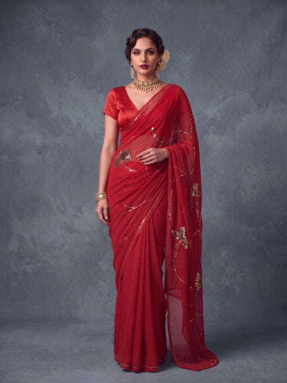 Ruby - Red Gold Sequin Pure Chiffon Partywear Saree