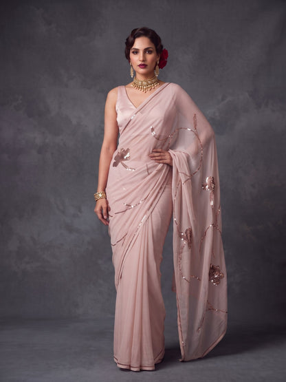 Lovelace - Blush Pink Rose Gold Sequin Pure Chiffon Saree