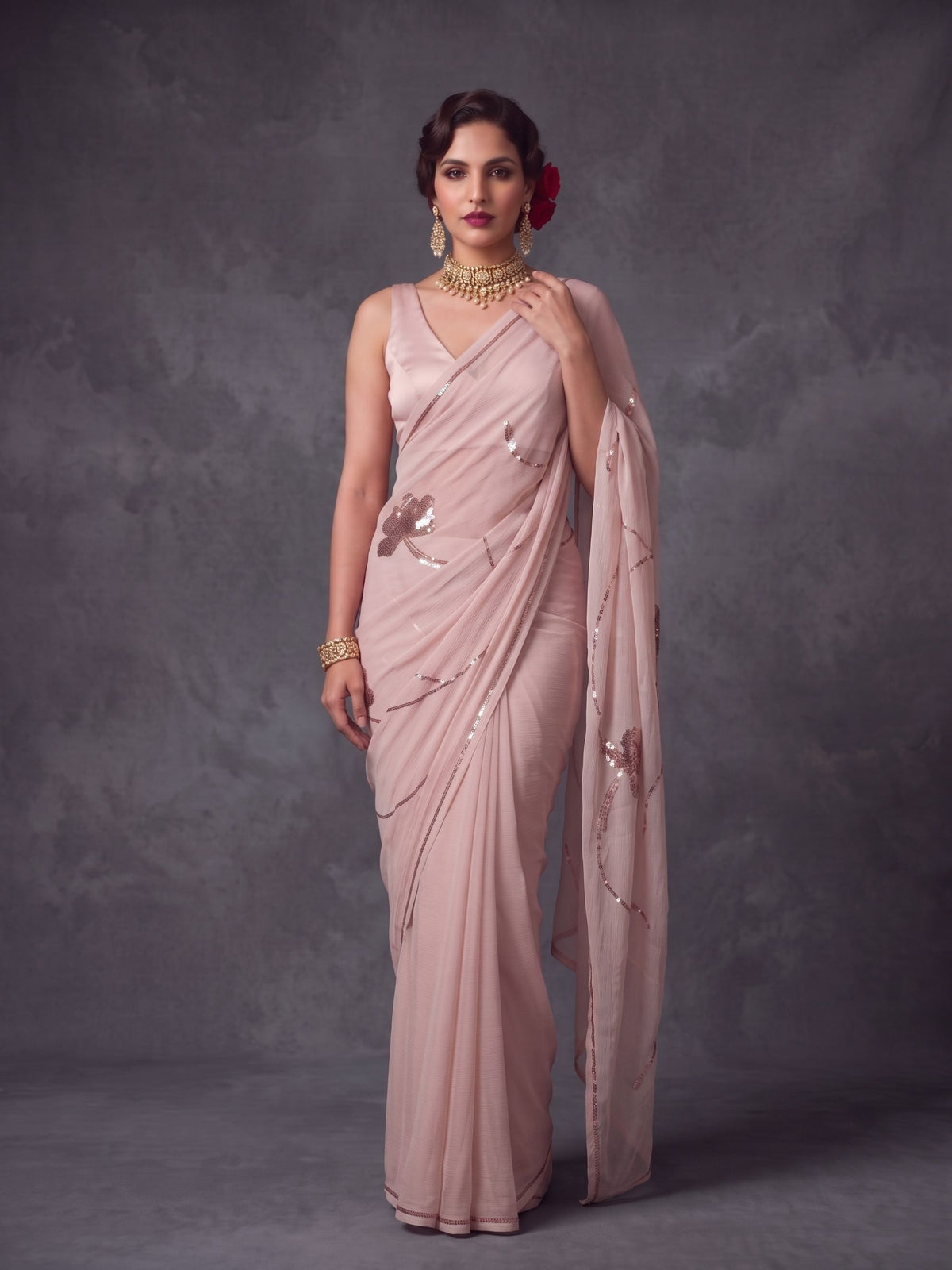 Lovelace - Blush Pink Rose Gold Sequin Pure Chiffon Saree