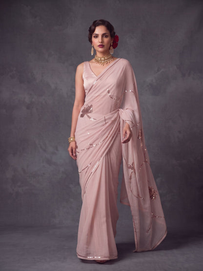 Lovelace - Blush Pink Rose Gold Sequin Pure Chiffon Saree