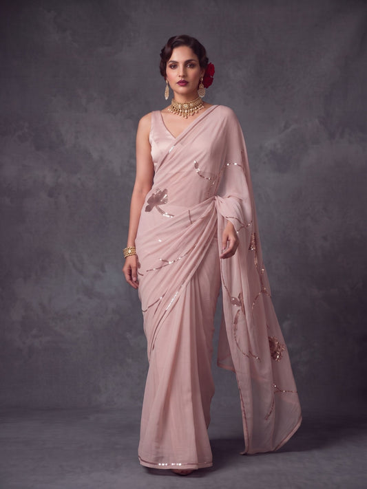 Lovelace - Blush Pink Rose Gold Sequin Pure Chiffon Saree