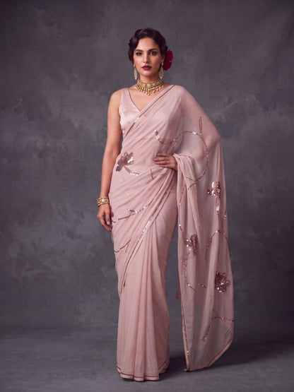 Lovelace - Blush Pink Rose Gold Sequin Pure Chiffon Saree