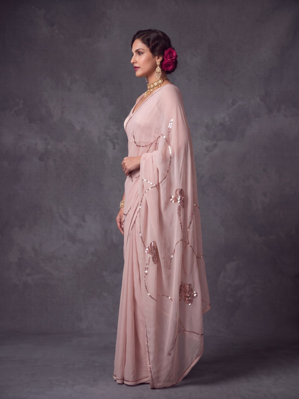 Lovelace - Blush Pink Rose Gold Sequin Pure Chiffon Saree