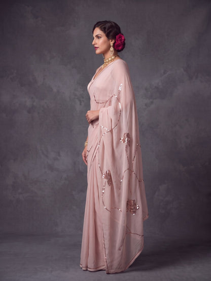 Lovelace - Blush Pink Rose Gold Sequin Pure Chiffon Saree